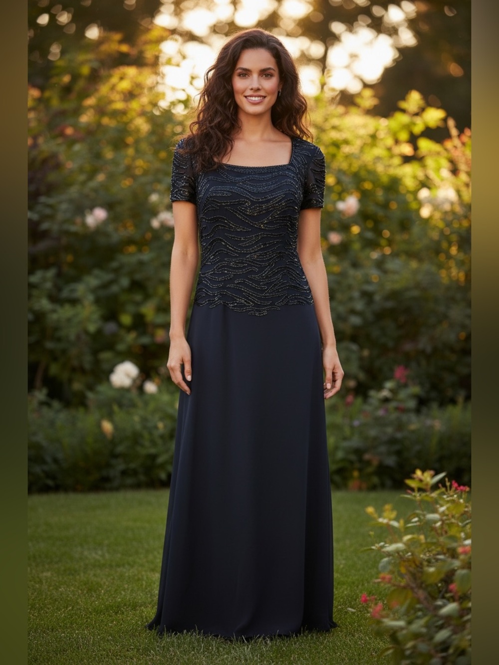 Adrianna Papell Vintage Navy Beaded Short Sleeve Maxi Dress